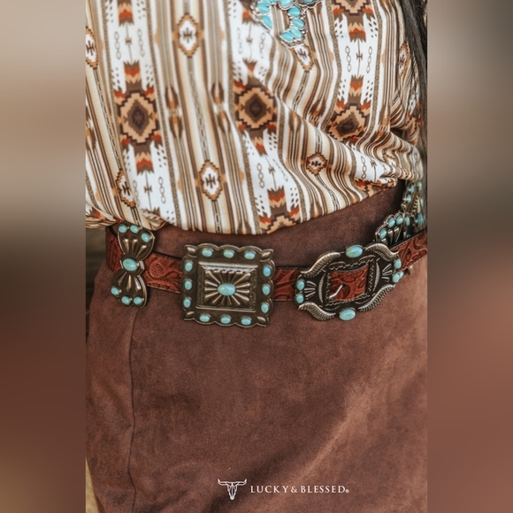 L&B Accessories - L&B Turquoise and Brown Leather Western Concho Belt